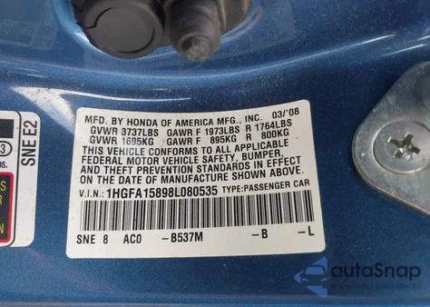 2008 Honda Civic Ex from USA, damaged, VIN 1HGFA15898L080535